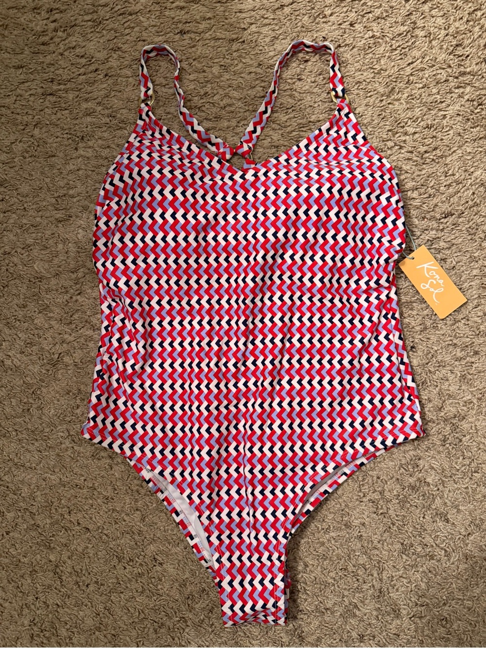 Kona Sol Red White Navy Zigzag Ring-Back One-Piece Swimsuit